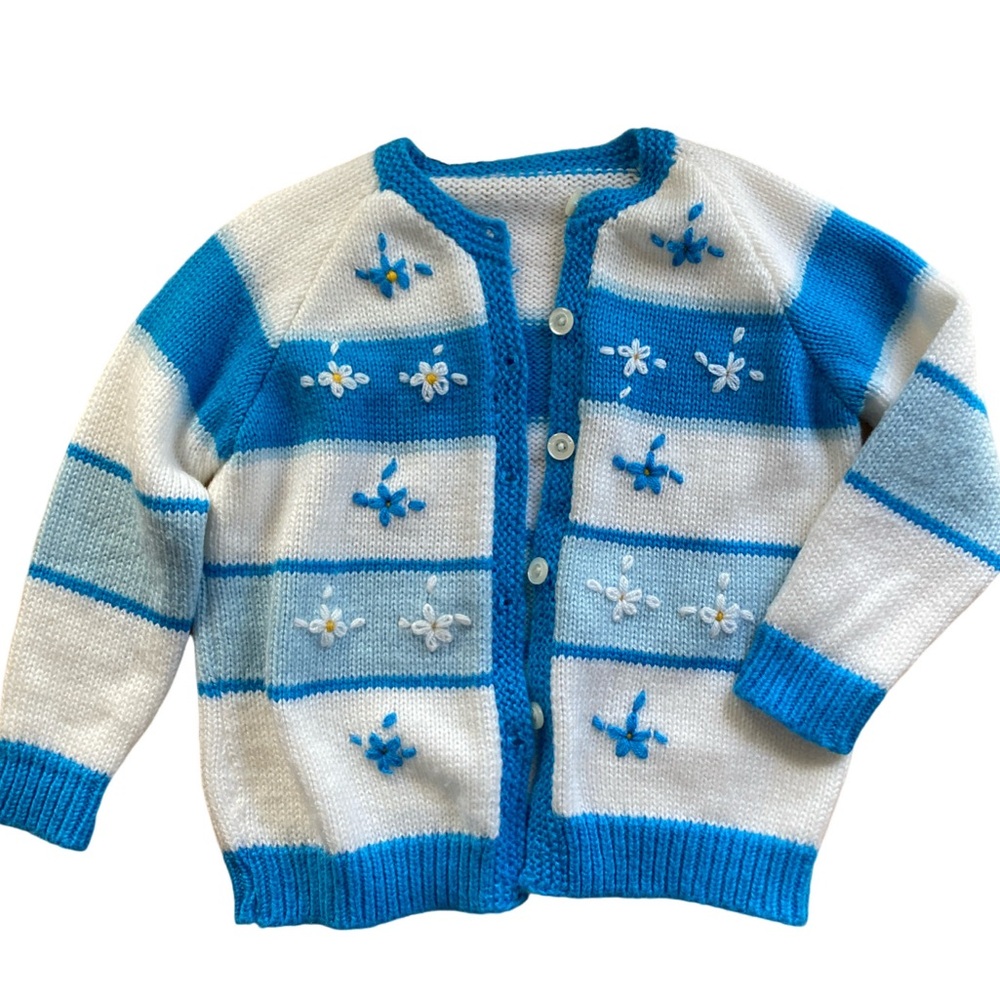 Vintage Blue and White Hand Knitted Grandma Cardigan Sweater Embroidered Flowers - Picture 3 of 9
